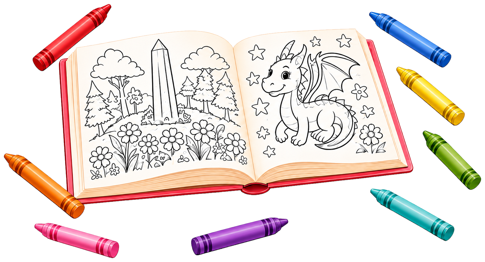 Open children’s coloring book with crayons